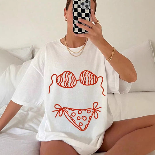 Damen oversized T-Shirt mit kreativem Bikinimotiv und lässigem Schnitt EB
