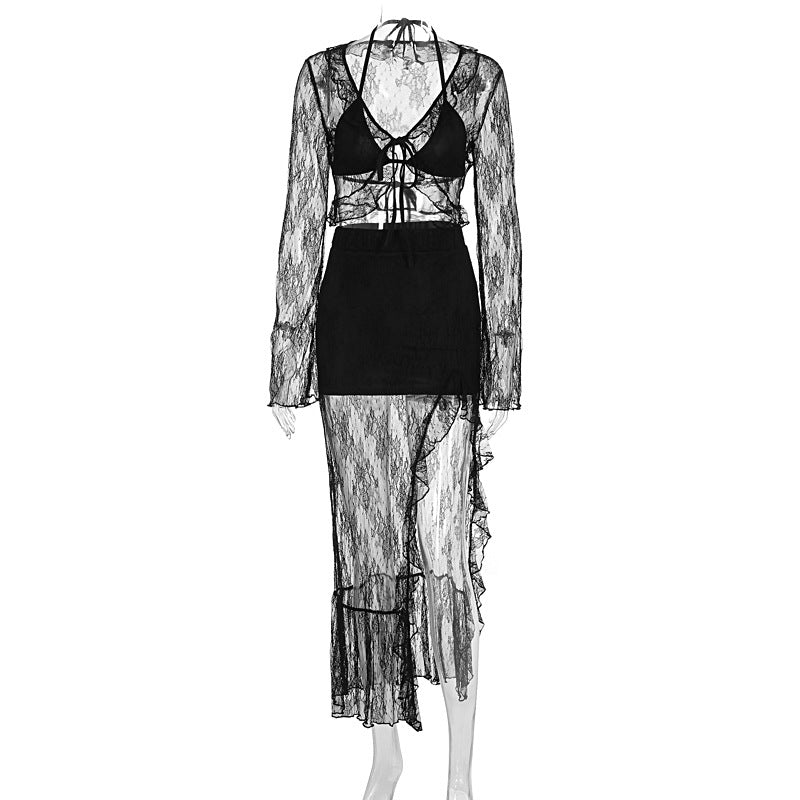 Damen Transparente Bluse mit Rüschenärmel und frechem Bindeband EB