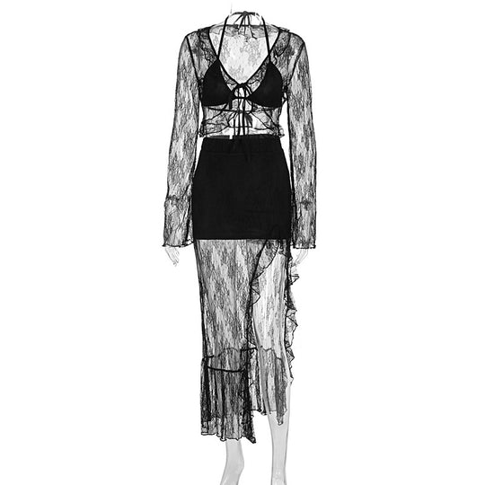 Damen Transparente Bluse mit Rüschenärmel und frechem Bindeband EB