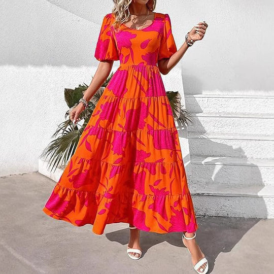Damen Midi-Kleid mit floralem Druck und voluminösen Ärmeln EB