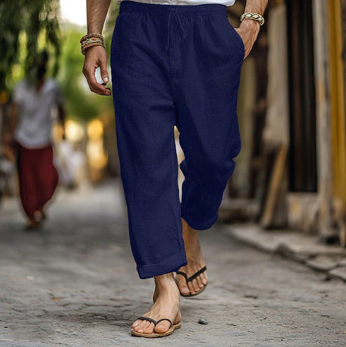 Herren nan lässige Leinen-Joggerhose mit elastischem Tunnelzugbund, seitlichen Eingrifftaschen und aufrollbarem Saum EB