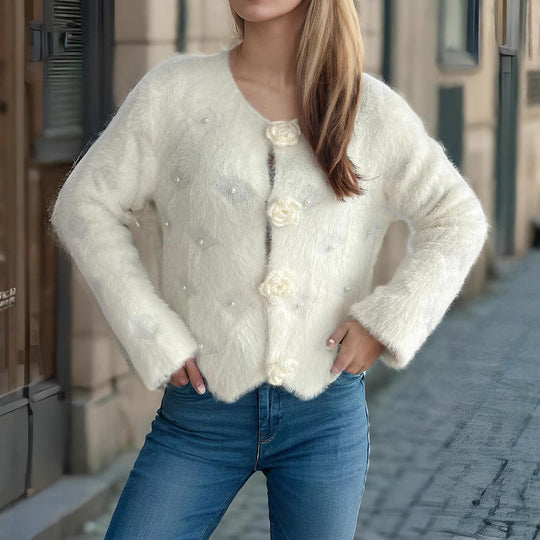 Damen Strickjacke mit floralen Applikationen und perlverzierter Detail EB