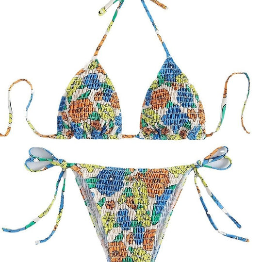 Damen Triangel-Bikini mit buntem Floral-Muster und elastischen Bindebändern EB