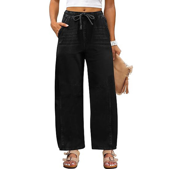 Damen weite Denim-Hose mit elastischem Bund und praktischem Schnitt EB