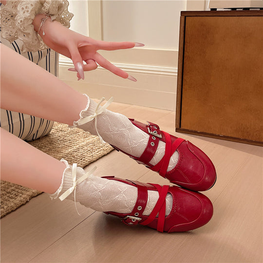 Damen Ballerinas mit stylishen Riemchen und mittelhohem Absatz EB
