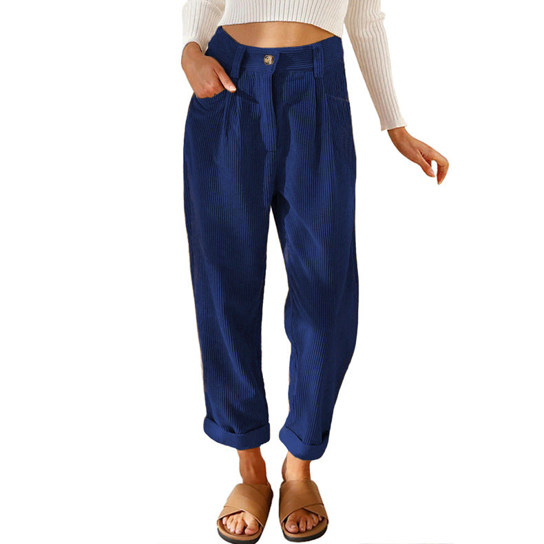 Damen nan weiche weite Cordhose mit hoher Taille, Bundfalten und umgeschlagenem Saum EB