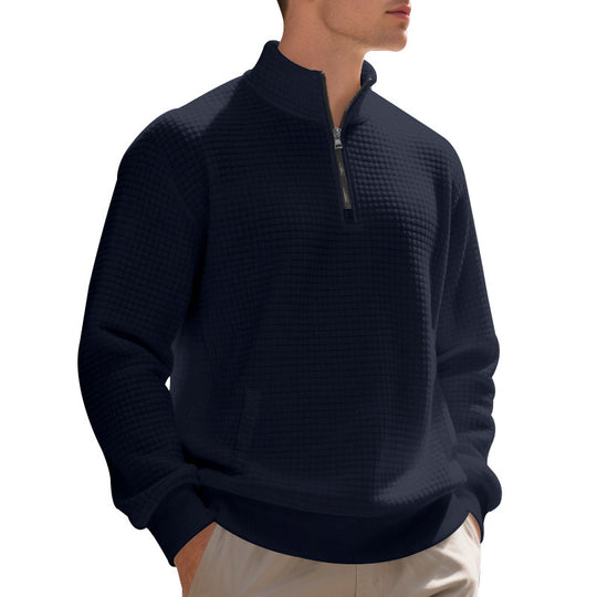 Herren Waffelstrick-Halbzip-Pullover mit Stehkragen, Kängurutasche & gerippten Abschlüssen EB