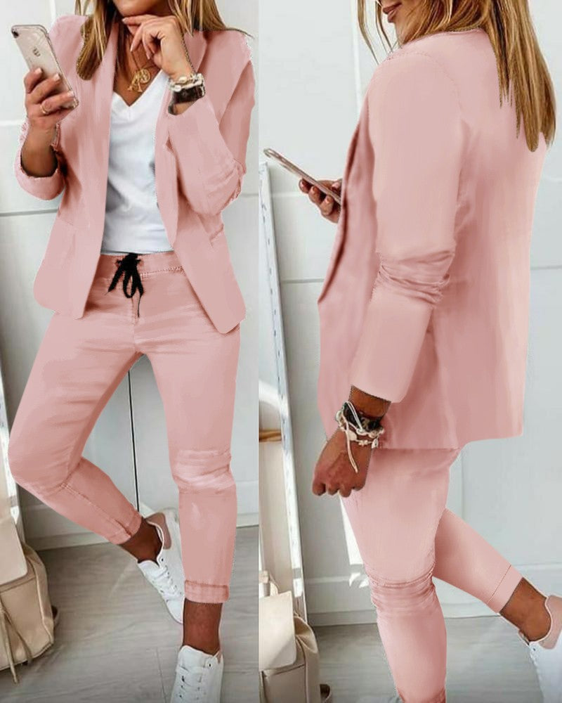 Damen nan Smart-Casual Blazer-Set mit offenem Longblazer und tapered Jogpant mit Kordelzug EB