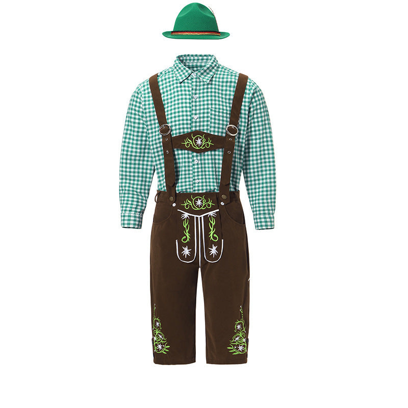 Herren nan traditionelle Trachtenlederhose mit bestickten Hosenträgern, kariertem Trachtenhemd und Filzhut EB