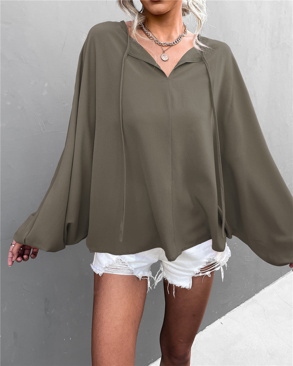 Damen luftiges Blusenshirt mit weiten Ärmeln und modischem Schleifendetail EB