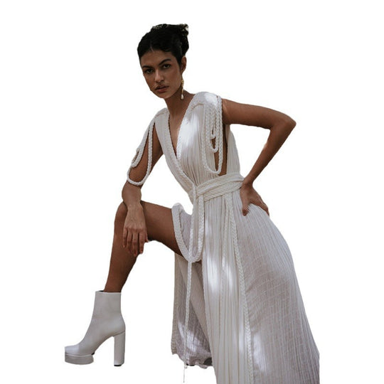 Damen Maxikleid mit tiefem V-Ausschnitt und seitlichem Schlitz EB