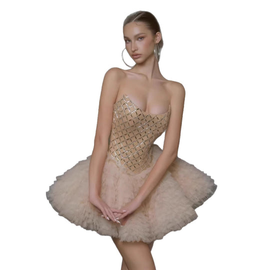 Damen Glamouröses Tüll-Cocktailkleid mit schimmerndem Oberteil EB