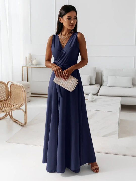 EB - Damen einfarbig V-Ausschnitt Langes Kleid
