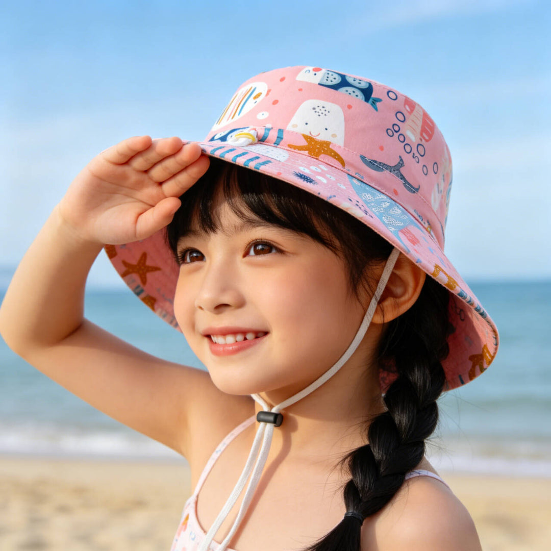 Unisex nan Kinder-Sonnenhut mit Wendemotiv, Kinnband und hohem UV-Schutz  R&B