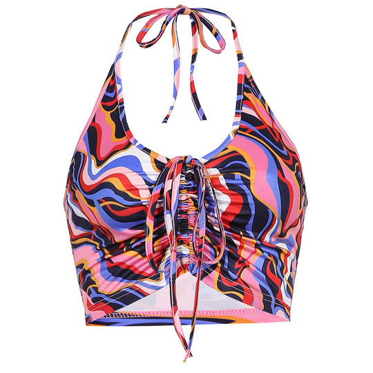 Damen Crop-Bikini-Oberteil mit Kordelzug und farbenfrohem Design EB