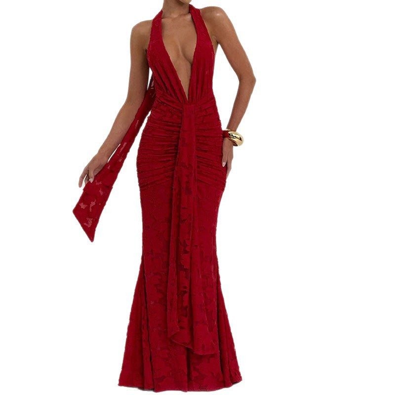 Damen Elegantes, figurbetontes Abendkleid mit tiefem V-Ausschnitt und Rüschendetails EB