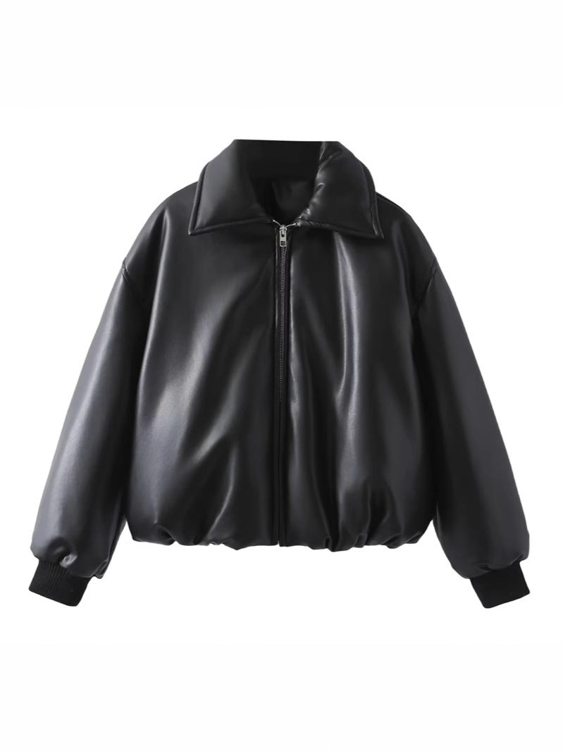 Damen lässige Kunstlederjacke mit voluminösem Schnitt und praktischen Taschen EB