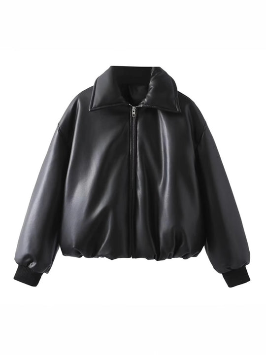 Damen lässige Kunstlederjacke mit voluminösem Schnitt und praktischen Taschen EB