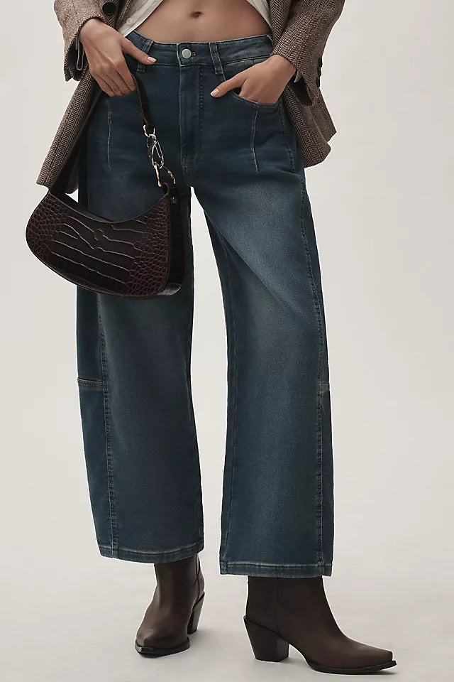 Damen nan hochgeschnittene weite Culotte-Jeans mit verkürzter Länge und dekorativen Nahtdetails EB