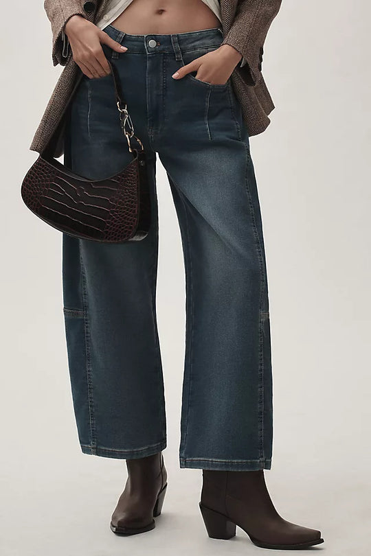 Damen nan hochgeschnittene weite Culotte-Jeans mit verkürzter Länge und dekorativen Nahtdetails EB
