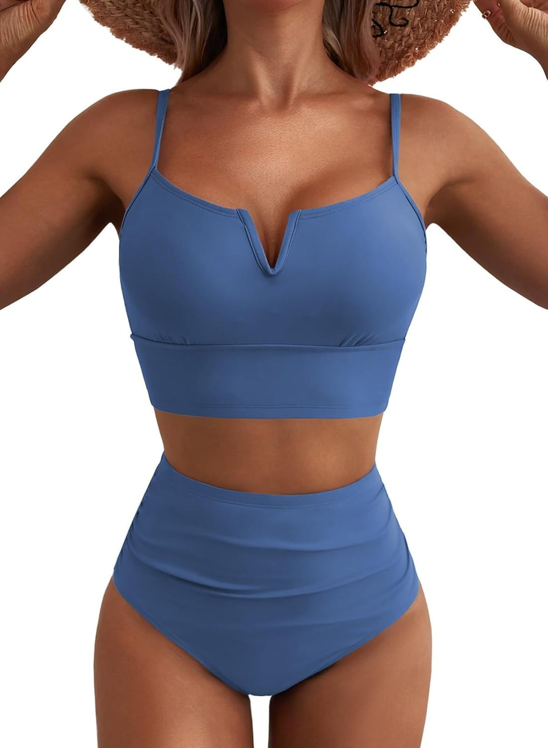 Damen Hochtailliertes Bikini-Set mit V-Ausschnitt und breiten Trägern EB