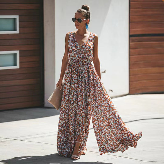 Damen Maxi-Kleid mit floralem Design und hohem Schlitz EB