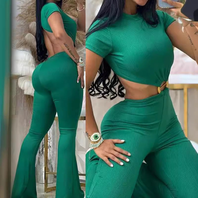 Damen cropped Oberteil mit hochtaillierter Hose im Ripp-Design EB