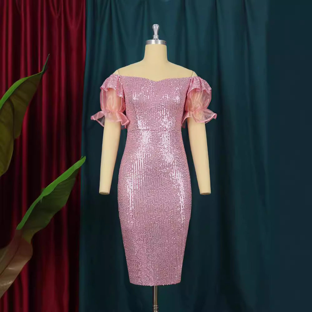Damen glamouröses Abendkleid mit Glitzer und transparenten Puffärmeln EB