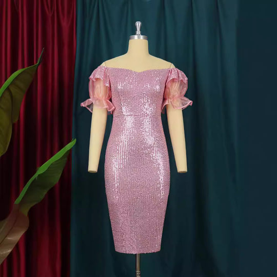 Damen glamouröses Abendkleid mit Glitzer und transparenten Puffärmeln EB