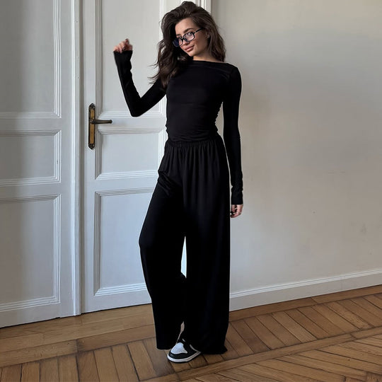 Damen Loungewear Set aus langärmligem Oberteil und weit geschnittenen Hosen EB