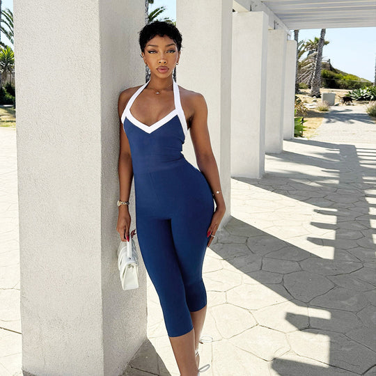Damen eleganter, figurbetonter Jumpsuit mit V-Ausschnitt und raffinierter Schnürung EB