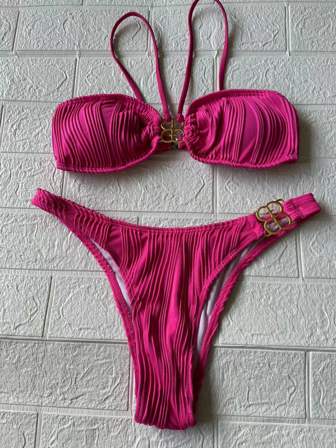 Damen Push-Up Bikini mit Raffung und dekorativem Goldschmuck EB