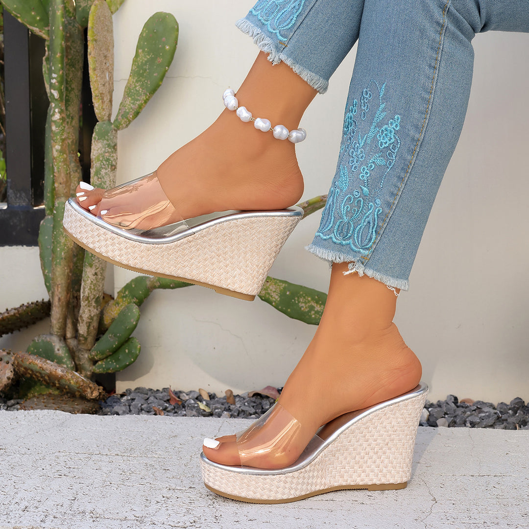 Damen Wedge-Sandalen mit transparentem Riemen und luxuriösem Kork-Design EB