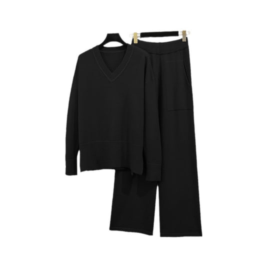 Damen lässiges Strick-Loungewear-Set mit tiefem V-Ausschnitt und praktischen Taschen EB