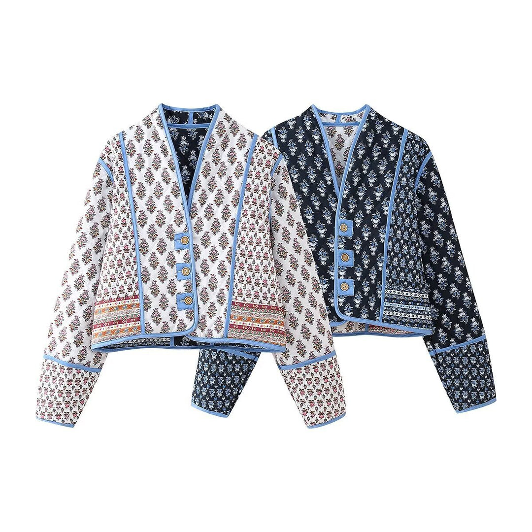 Damen modische cropped Jacke mit floralem Design und eleganten Knopfdetails EB