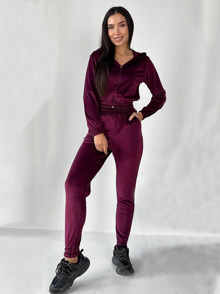 Damen Sportliches Fleece-Loungewear-Set mit Kapuze und tailliertem Schnitt EB