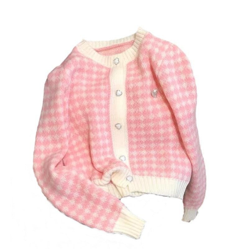 Damen weicher Cardigan mit strukturiertem Karomuster und Herzen EB