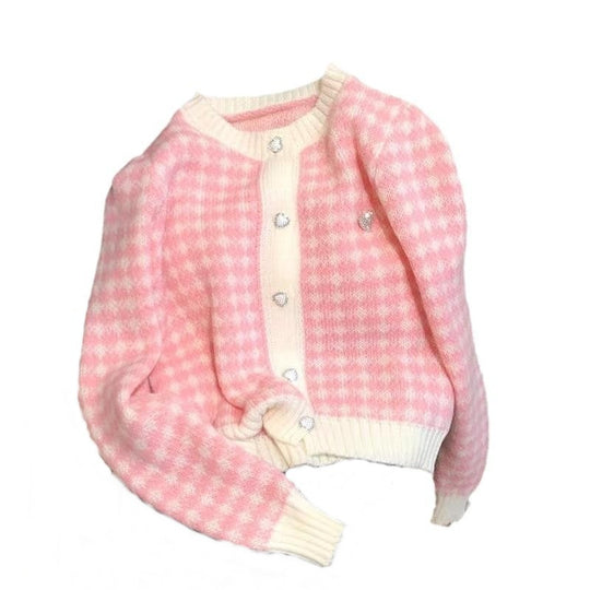 Damen weicher Cardigan mit strukturiertem Karomuster und Herzen EB