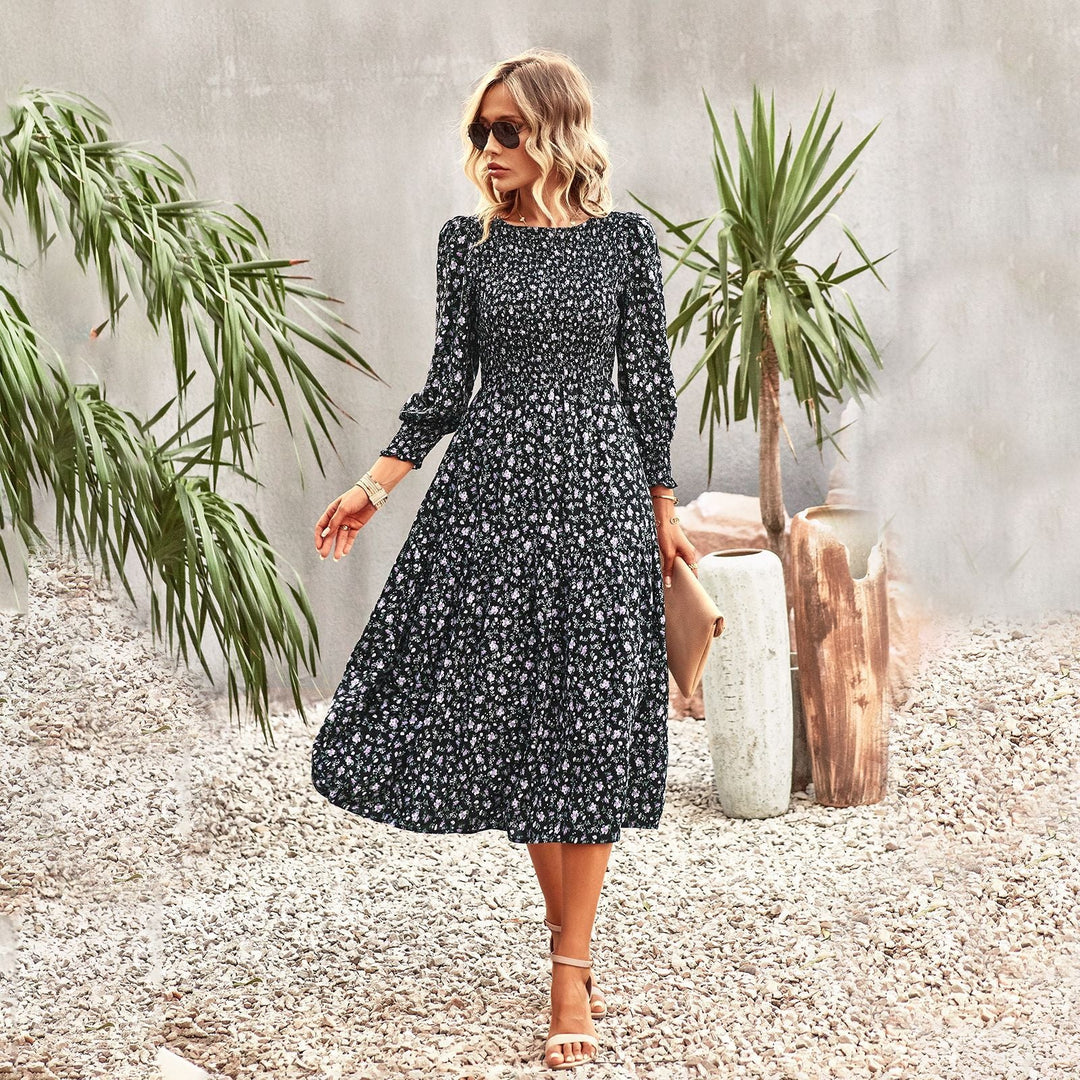 Damen Florales Midi-Kleid mit Geraffter Taille und Langen Ärmeln EB