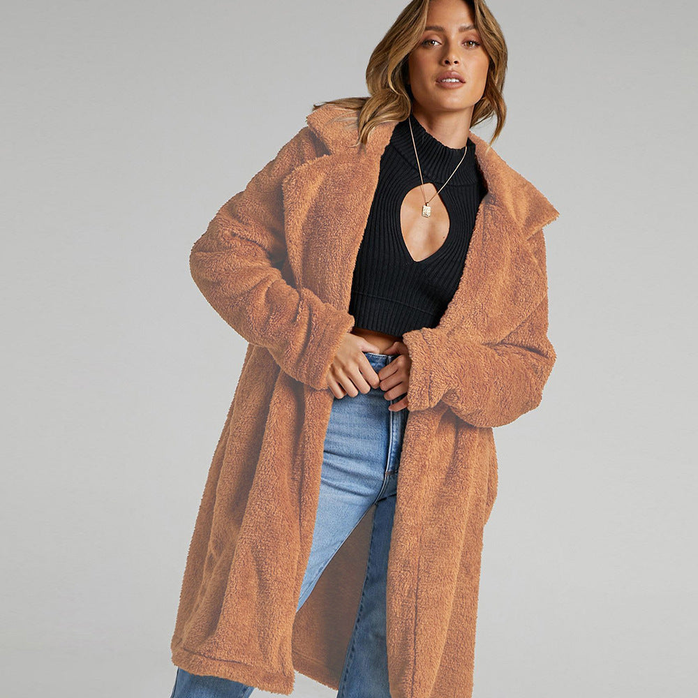 Damen Lange, flauschige Teddy-Jacke mit Revers EB