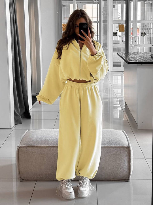 Damen nan oversized Kapuzenjacke mit durchgehendem Reißverschluss und Highwaist Gummibund-Jogginghose Set EB