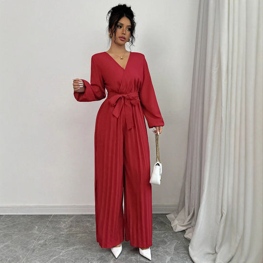 Damen Eleganter Jumpsuit mit taillierbarem Gürtel und plissiertem Schnitt EB