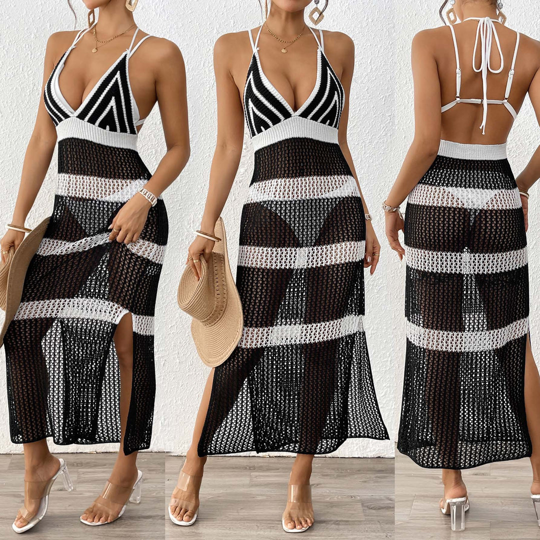 Damen gehäkelter Strandüberwurf mit stilvollem V-Ausschnitt und eleganten Streifendetails EB