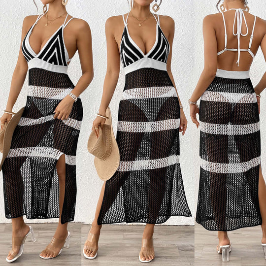 Damen gehäkelter Strandüberwurf mit stilvollem V-Ausschnitt und eleganten Streifendetails EB