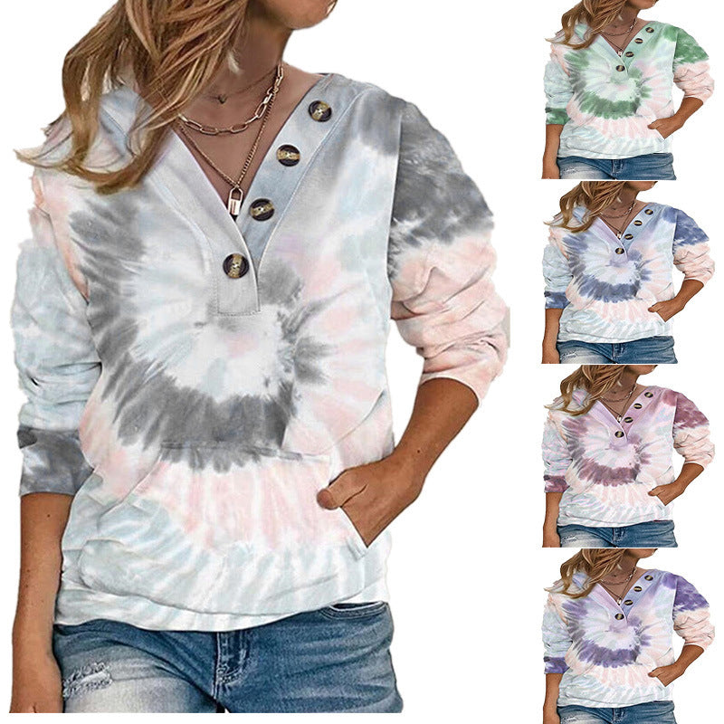 Damen lässiger Pullover mit Knopfdetails und modernem Batikmuster EB