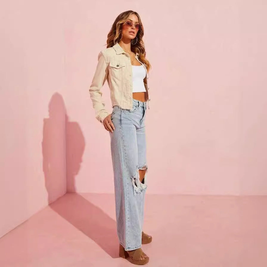 Damen Jeansjacke mit lässigem Schnitt und fransigem Saum EB