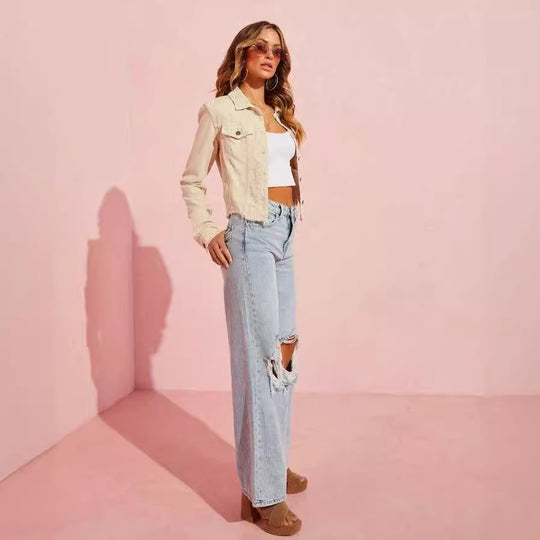 Damen Jeansjacke mit lässigem Schnitt und fransigem Saum EB