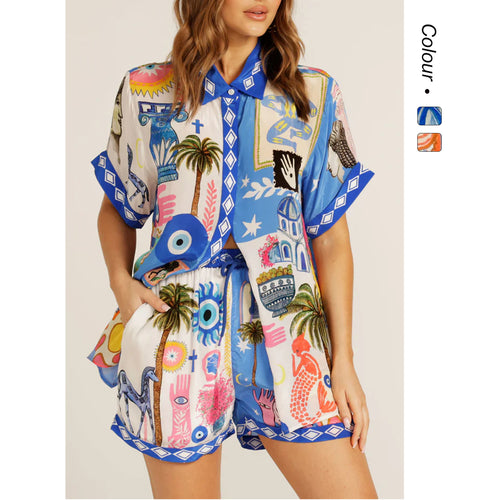 Damen Set aus leichtem, bedrucktem Kurzarmhemd und Shorts mit buntem Design EB