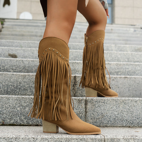 Damen Fransen-Stiefel mit modischen Nieten und komfortablem Blockabsatz EB