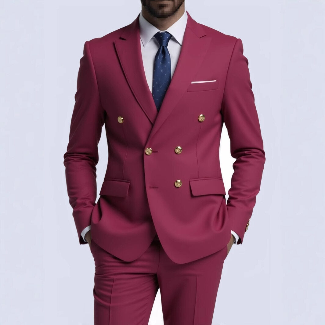 Herren nan doppelreihiger Slim-Fit Anzug mit goldenen Zierknöpfen und schmaler Businesshose EB